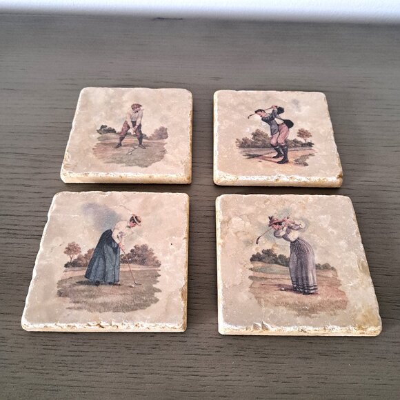 VTG Golf 19th-c Images Coaster Set Handcrafted Marble Giftware by Studio Vertu - Picture 9 of 9
